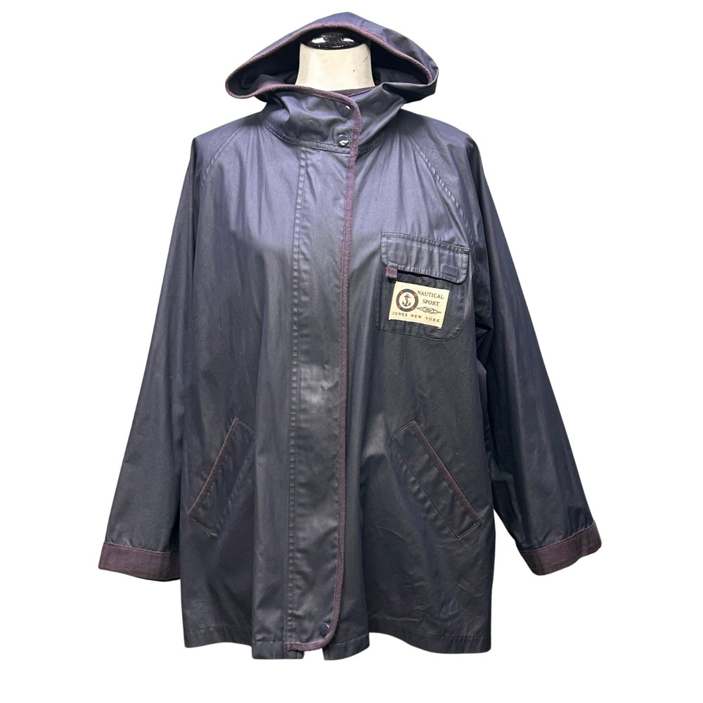 Jones New York Sport Wax Rain Jacket Women L Petite Blue Nautical Hooded Cotton